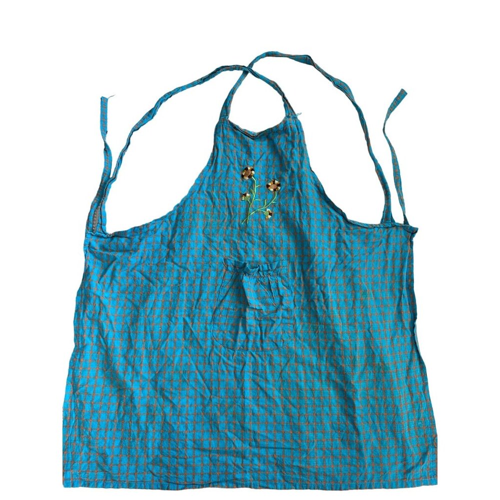 Handmade Girls Apron Smock Flower Embroidered Teal/Orange Plaid Tie-Back Pocket